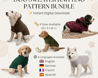 Dog Sweater Knitting Pattern Bundle PDF, 5 Dog Coat Patterns, Sizes S-XL, Instant Download, English German French Spanish