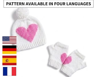 Heart Beanie Knitting Pattern PDF | Fingerless Mitts Knit Pattern | Easy Heart Hat & Gloves Set | Beginner | Digital Download