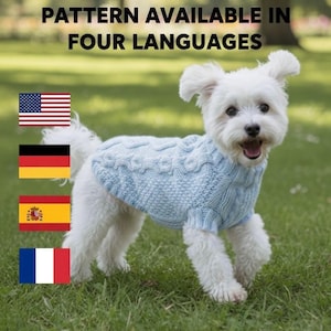 Puede incluir: Un perro blanco pequeño con un suéter de punto trenzado azul claro, de pie sobre hierba verde. La imagen incluye el texto "PATTERN AVAILABLE IN FOUR LANGUAGES" y las banderas de EE. UU., Alemania, España y Francia.