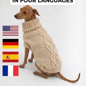 May include: A small brown dog wearing a beige knitted sweater with a turtleneck and cable knit detailing. The image includes the text PATTERN AVAILABLE IN FOUR LANGUAGES, flags for the USA, Germany, Spain, and France, and the text bloomfiberstudio.
