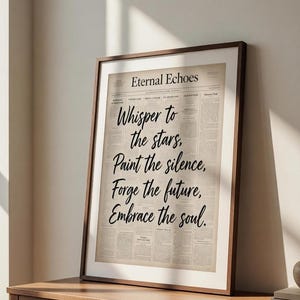 May include: A framed print with the text "Eternal Echoes" and the quote "Whisper to the stars, Paint the silence, Forge the future, Embrace the soul." The print has a newspaper-like background and a dark brown frame. It is displayed on a wooden table.
