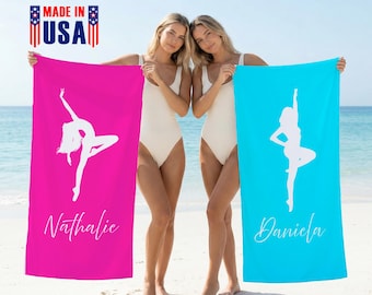Telo mare personalizzato per ginnastica, telo mare personalizzato a tema balletto, telo piscina con nome da ginnasta, telo con movimenti di danza per figlia/bambina, regalo per viaggio tra ragazze