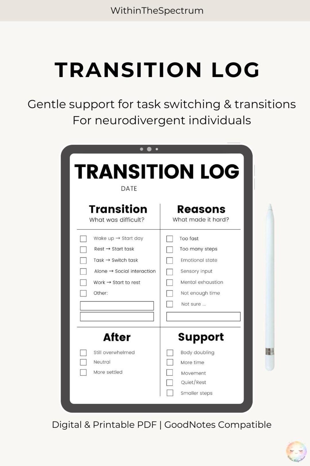 ADHD Transition Log Minimal | Task Switching Tracker | Digital ...