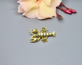 Gold Plated Enamel and Crystal Lobster Brooch Lobster Lapel Pin New
