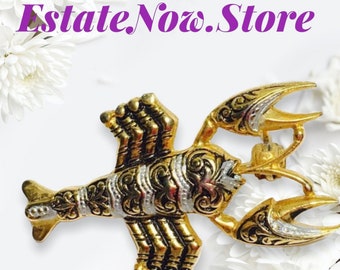 Vintage Damascene Lobster Brooch, gold tone, black enamel, figural pin, Anniversary Sale, Item No. B645