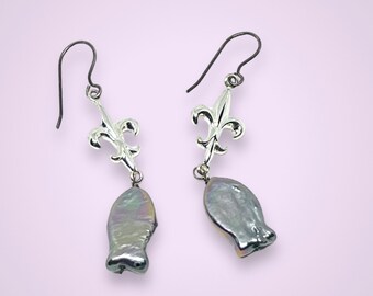 Fleur De Lis Silver EARRINGS, vintage Fish Design, Mother of Pearl, Stamped .925, Clearance Sale, Item No. S002