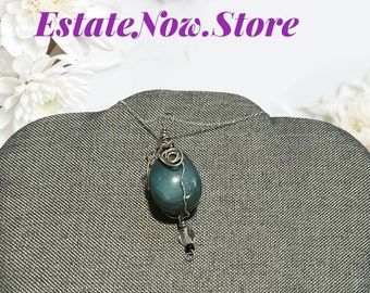 Wire Wrapped Pendant, Large Natural Blue Stone, Silver Wire, Anniversary Sale, Item No. S062