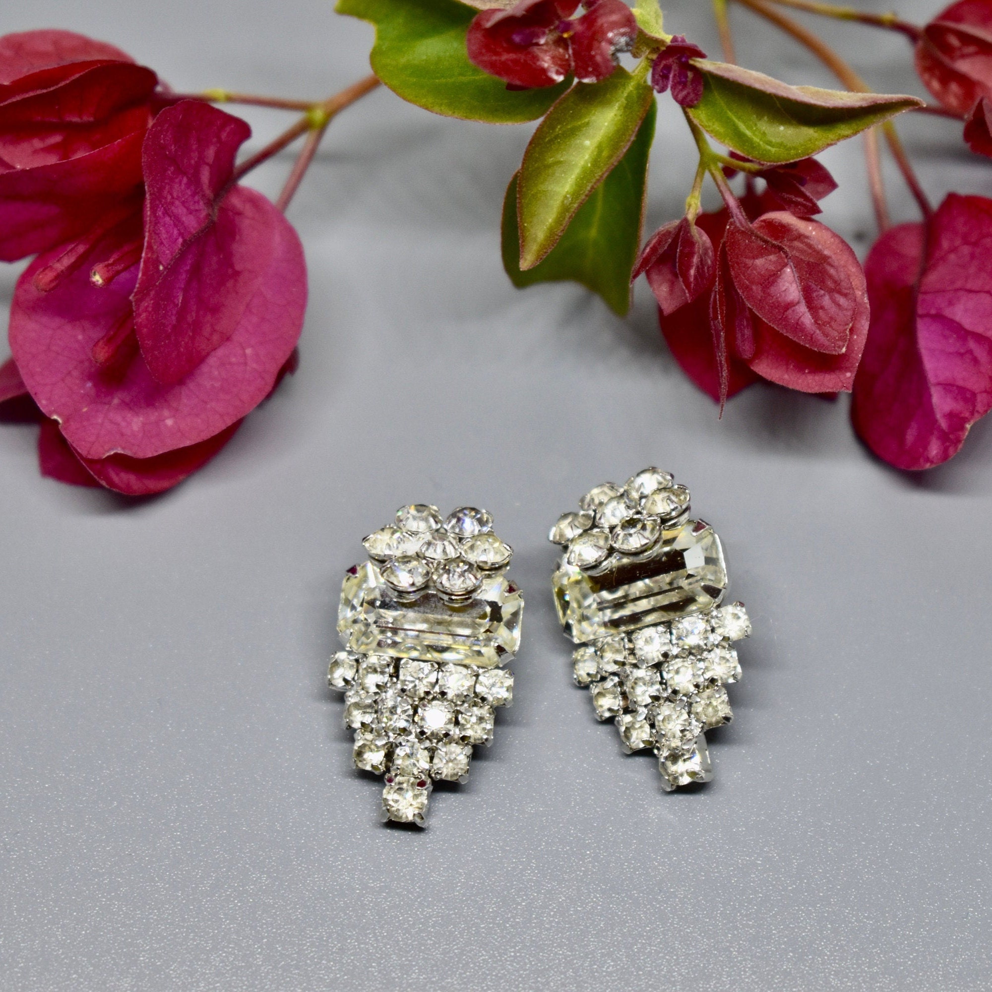Clear Crystal clip on earrings set vintage silver Tone Etsy