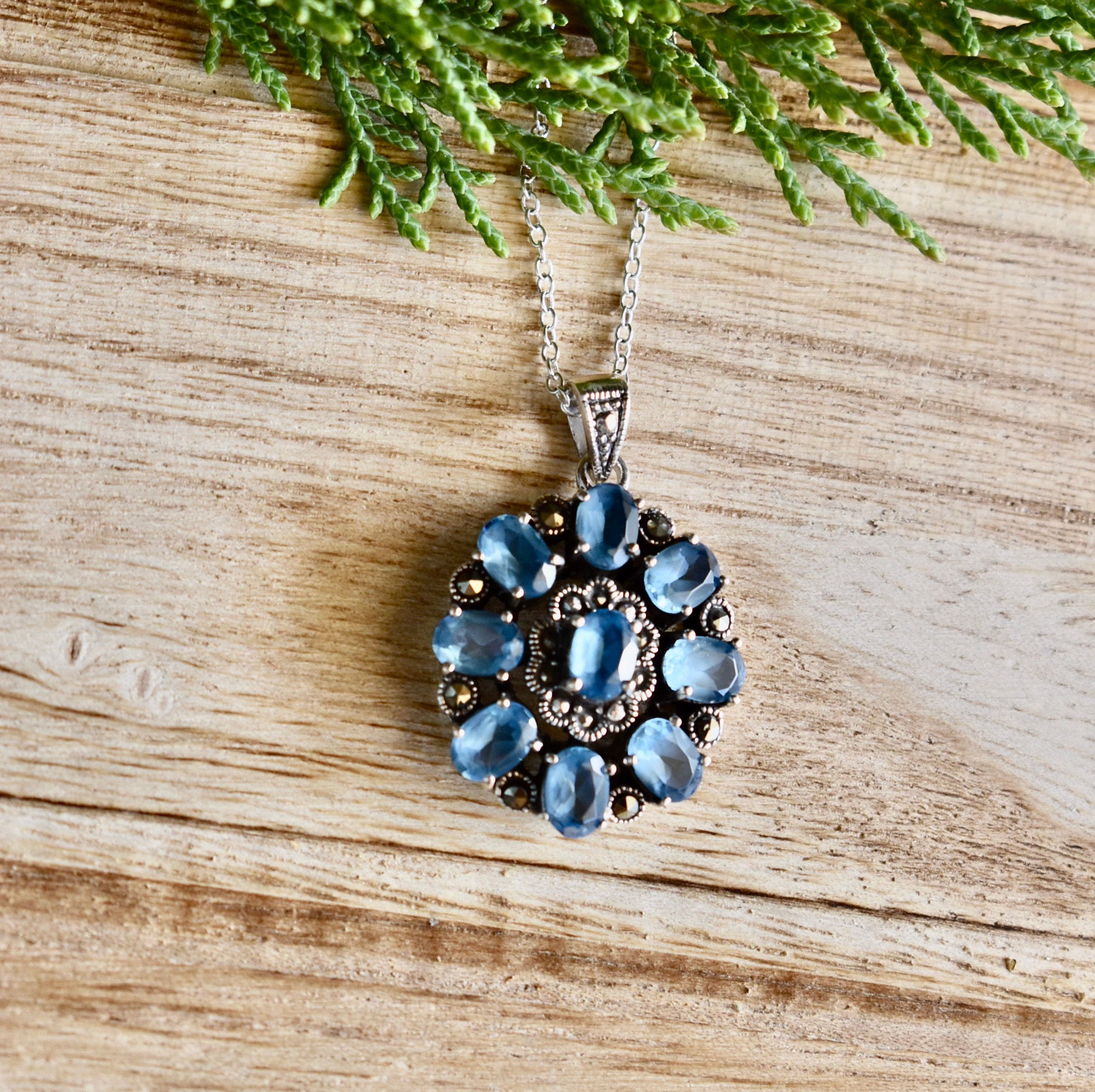 Blue topaz flower pendant .925 Sterling silver matching Etsy