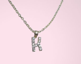 Vintage silver Letter initials "K" pendant clear rhinestones, stamped .925, Anniversary sale, item no. S253