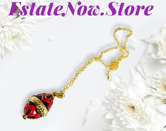 Egg shaped pendant, vintage, Gold Tone matching necklace, red/black enamel , Anniversary Sale, Item No. B571