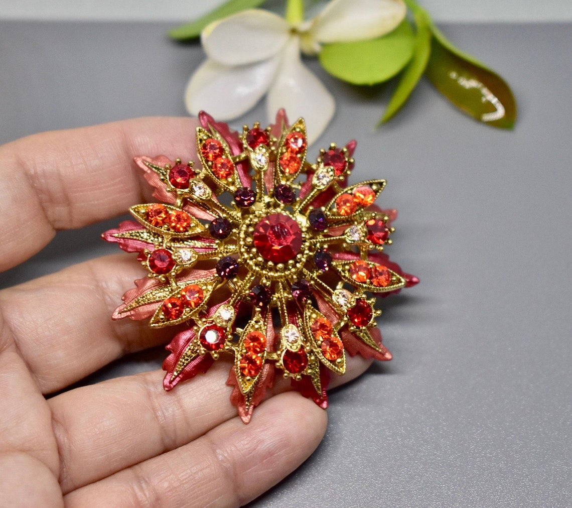 Red Flower BROOCH Large Vintage Multicolor Rhinestones Bridal Etsy