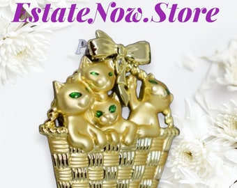 Vintage Basket of kittens Brooch, Gold Tone, Animal Figural, Item No. M207