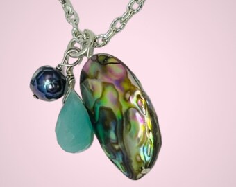 Abalone Pendant, vintage, Black Pearl, Crystal, Silver Wire, Anniversary Sale, Item No. S187