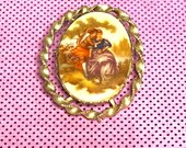 Art Deco BROOCH, Victorian Couple, Painted Porcelain, Antique Gold Tone, Clearance Sale, Item No. B684