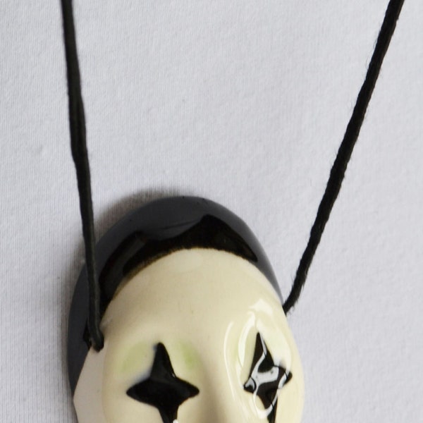 Clown Pendant, Hand Painted Porcelain, Black & White Mask, Vintage French Pendant, Estate Sale, Item No. B641
