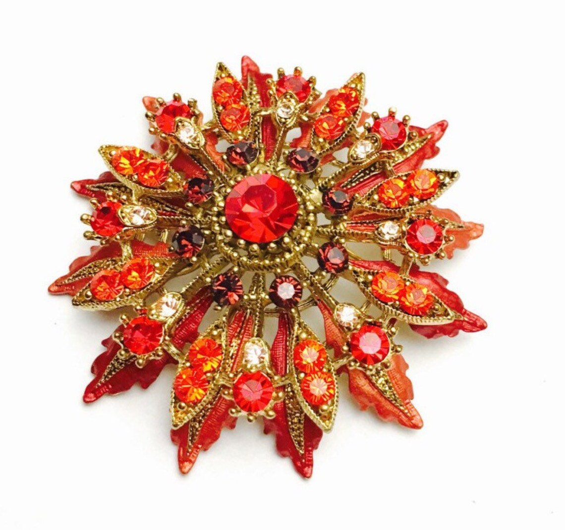 Red Flower BROOCH Large Vintage Multicolor Rhinestones Bridal Etsy