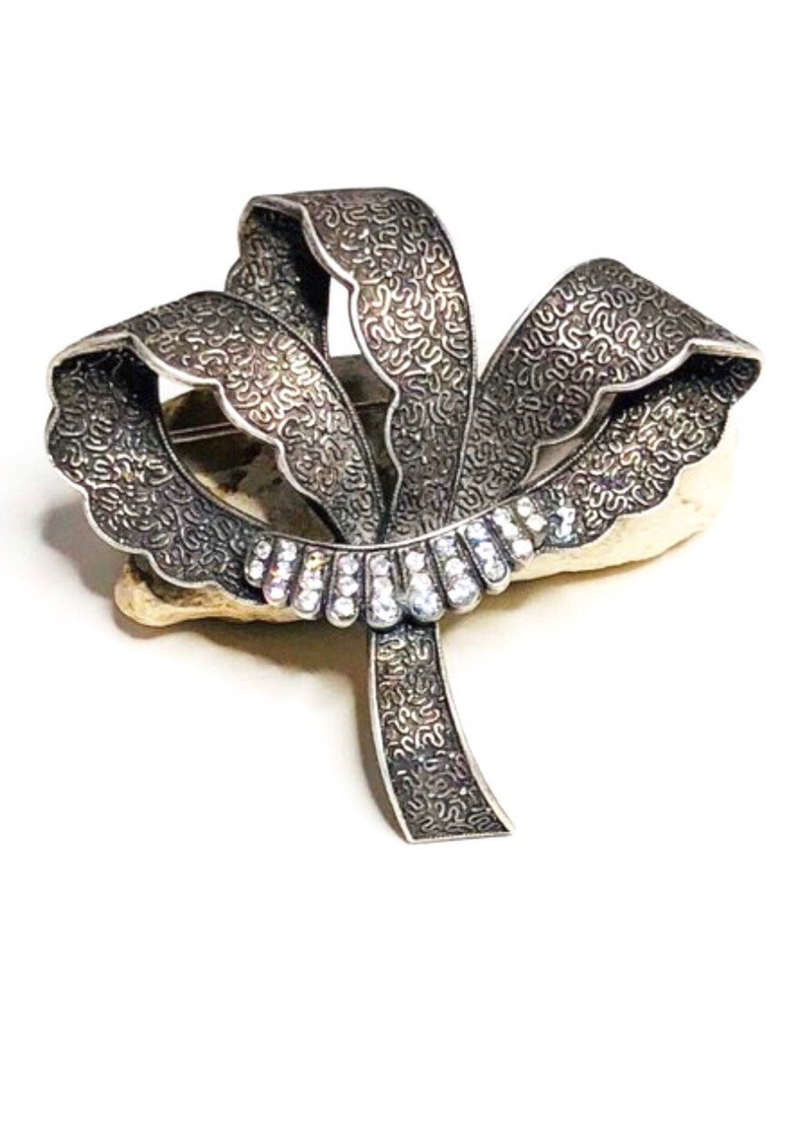 Large sterling silver leaf brooch vintage clear crystals Etsy