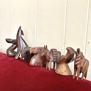 Vintage ijzeren houten dierfiguren, gesneden, handkaart, Mexicaans decor, volkskunst, coyote, slang, adelaar, wolf