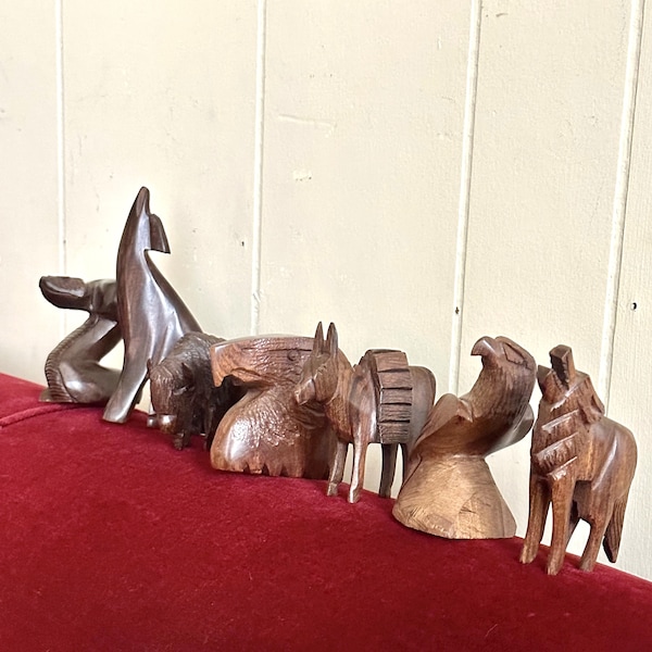 Vintage iron wood animal figures, carved, hand card, Mexican decor, folk art, coyote, snake, eagle, wolf