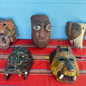 Vintage Guatemalan masks, Mexican mask, folk art mask, carved mask, Guerrero mask, ceremonial mask, panther, cougar
