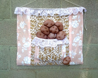 Vintage fabric wall pockets wall organizer potato sack lace