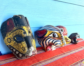 Vintage Mexican masks, folk art masks, cougar, carved masks, Mexican decor, hand carved,