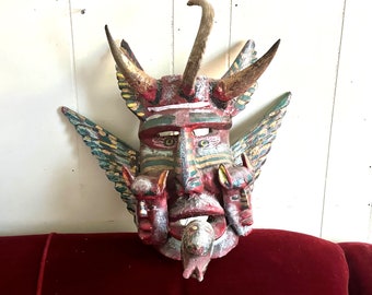 Vintage Mexican mask, folk art mask, wood mask, devil mask, Guerrero mask, wall hanging,