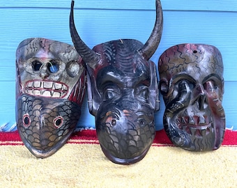 Vintage folk art masks, carved masks, Mexican masks, horned, hand carved mask, diablo