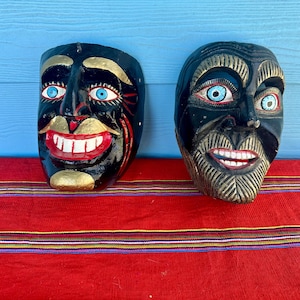 Vintage Guatemalan masks, Mexican mask, folk art mask, carved mask, Guerrero mask, ceremonial mask, black mask, devil mask, el negrito