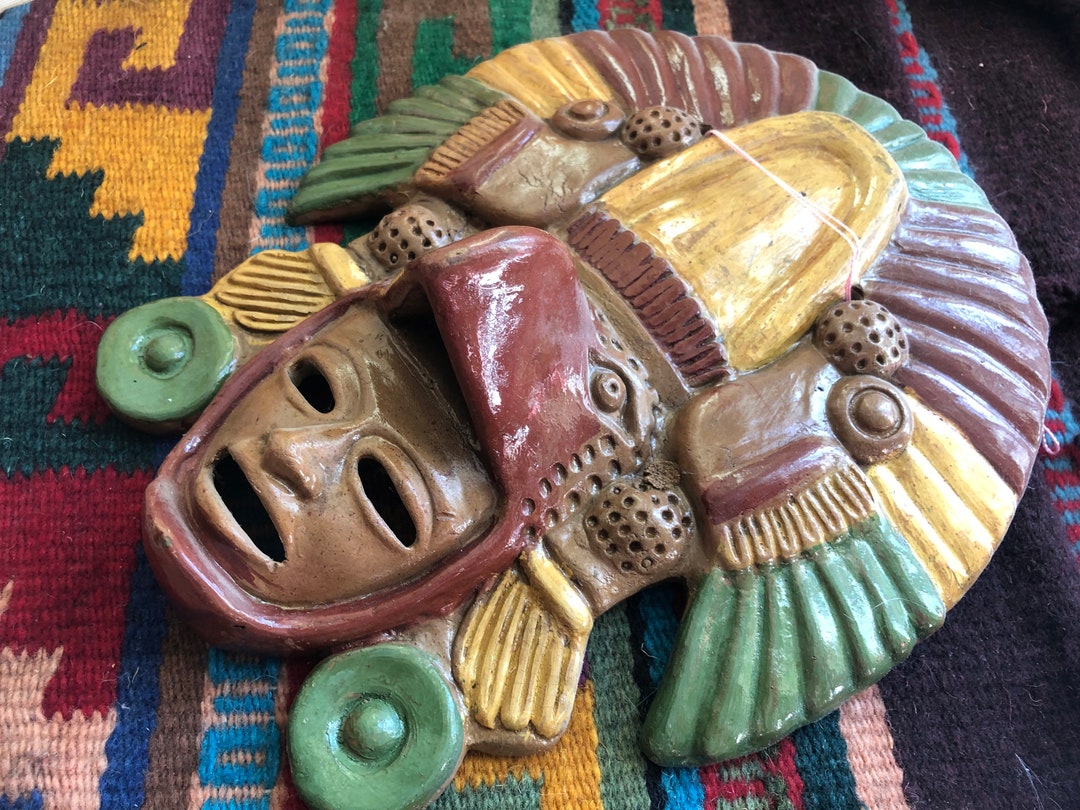 Vintage Mexican Mask, Ceramic Mask, Mayan Mask, Wall Decor, Folk Art