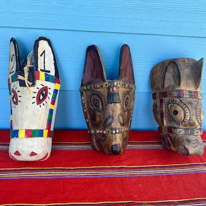 masques d'art populaire vintage, masques mexicains, Guerrero, masque sculpté, masque guatémaltèque, cheval, âne