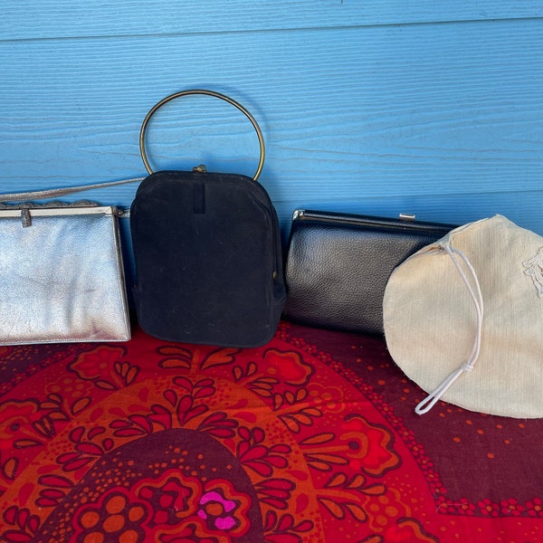 Vintage purses, clutch purse, wrist purse, black purse, silver purse, flapper purse, leather, suede, handbag, wristlet