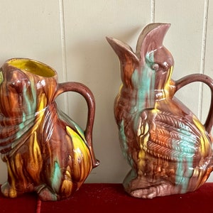 Vintage ceramic pitcher, blue pitcher, duck pitcher, pig pitcher, majolica, dripware, Oaxaca, Mexico