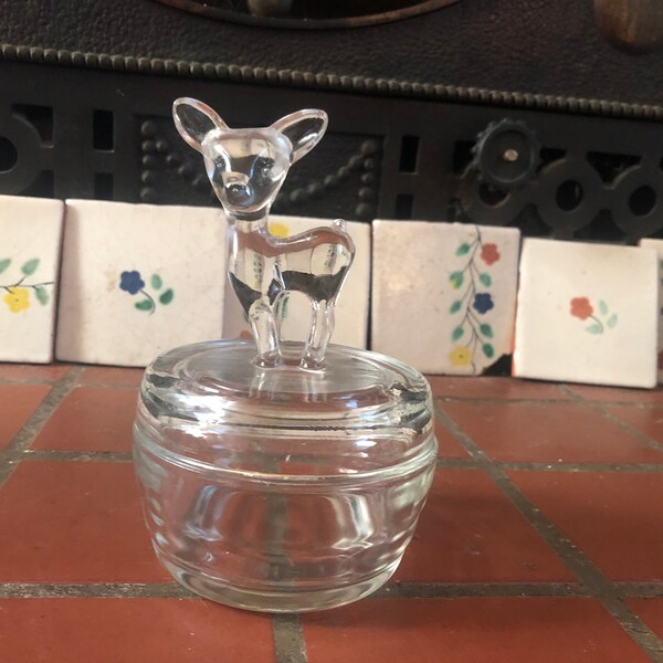 Vintage glass jar with deer, candy jar, trinkets, container, storage, collectible jar, bambi, gift idea