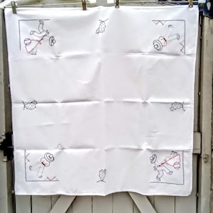 Vintage embroidered tablecloth, square tablecloth, white tablecloth, Mexican theme