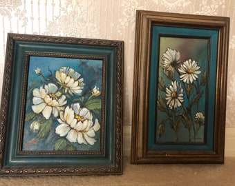 Vintage oil paintings, still life, flowers, floral, blue, framed art