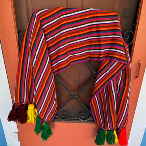 Vintage woven pom pom table runner Guatemala, striped textile