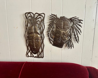 Vintage folk art masks, metal masks, Haitian masks, decorative masks, wall decor, wall hanging