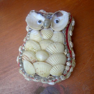 May include: A decorative owl figurine crafted from various seashells. The owl features googly eyes and a red border, with the shells arranged to resemble feathers. The figurine is set against a wooden surface.