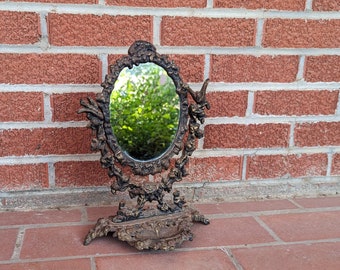 Vintage mirror, hand mirror, vanity mirror, gilt brass mirror, ornate