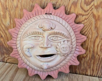 Vintage ceramic Mexican  sun, yard art, celestial, sun and  moon, wall hanging