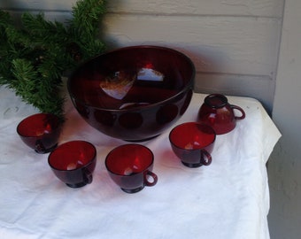 Vintage ruby red punch bowl and 12 cups, holidays glasses
