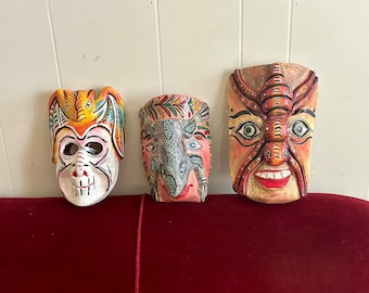 Vintage folk art masks, Mexican masks, Guerrero, bat, frog, carved mask, decorative mask, wall mask