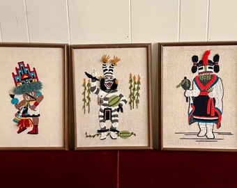 Vintage crewel embroidery kachina native american wall hanging wall decor