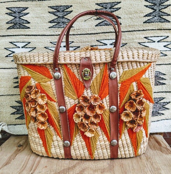 Vintage Mexican straw purse straw bag beach bag embroidered Etsy