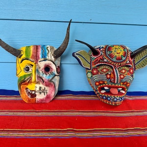 Vintage folk art masks, Mexican masks, Guerrero, carved mask, Guatemalan mask, devil mask, Huichol mask