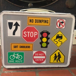 Vintage lunchbox, metal lunchbox, traffic signs, work men, stop sign, road signs, storage, container