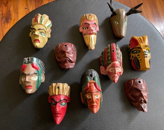 Vintage miniature masks, Mexican masks, carved masks, folk art masks, hand carved masks, tiger, deer, quetzal