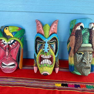 Vintage Costa Rican masks, folk art masks, cougar, carved masks, Mexican decor, hand carved, jungle decor, parrots, Barucan